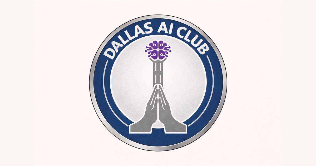 The Dallas AI Club logo: a circular navy-and-silver badge reading 'Dallas AI Club', with praying hands rising into a stylized Reunion Tower topped by a purple circuit-brain.