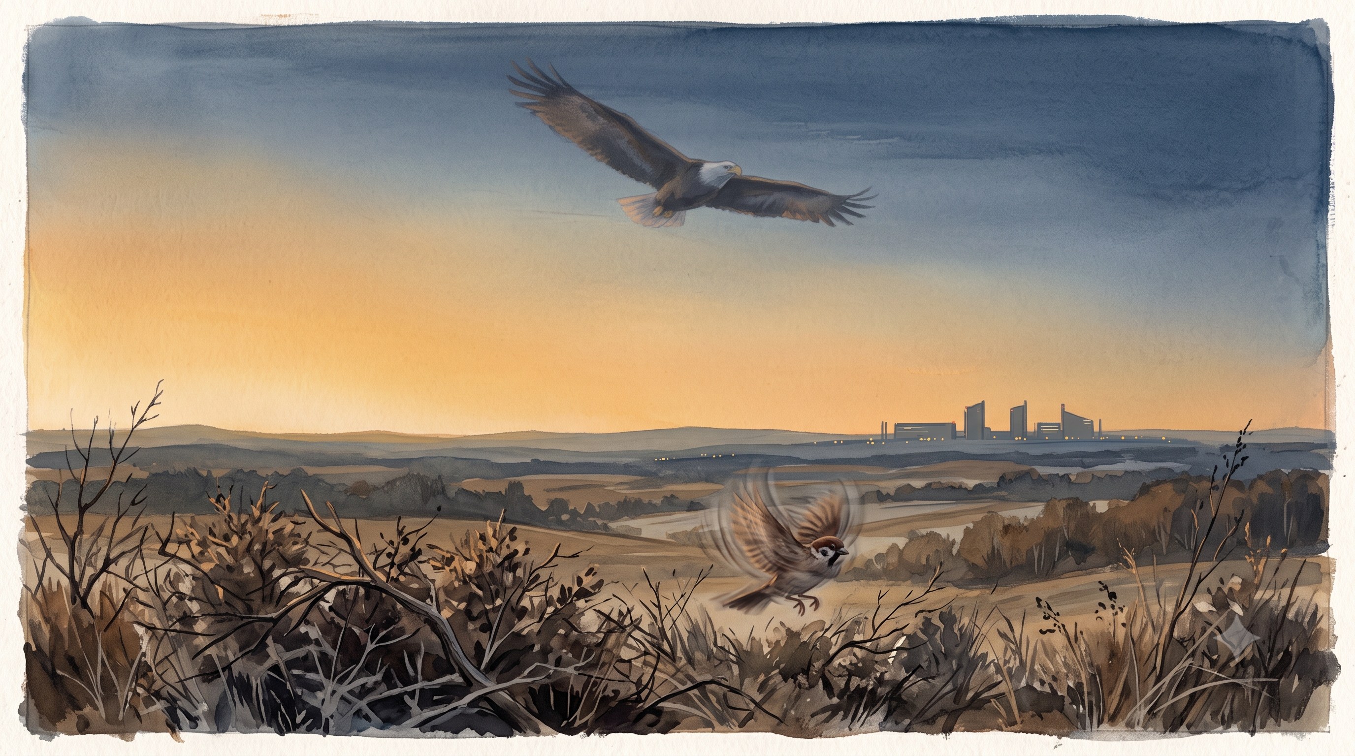A watercolor illustration at dusk: an eagle glides effortlessly across a warm amber-and-navy sky above a wide open landscape of low hills and a distant city skyline on the right; in the foreground, among dry brush, a small sparrow flaps its wings frantically.