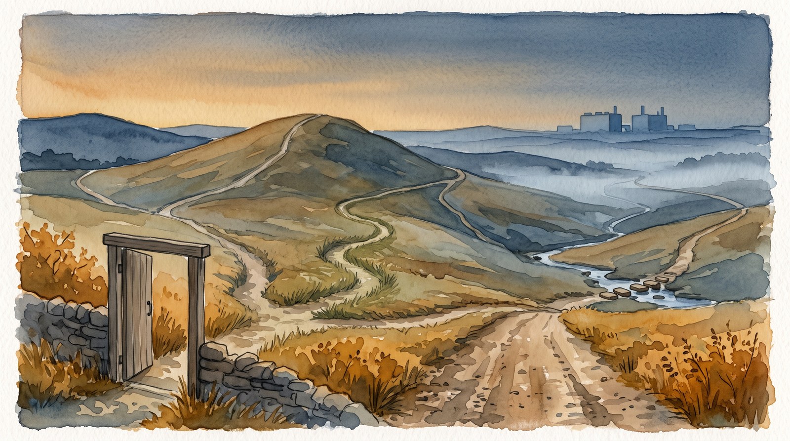 A watercolor illustration at dusk: a wooden gate set in a low stone wall opens onto a landscape of rolling hills threaded by several winding trails that branch and rejoin as they climb — some going up over a nearby hill, others crossing a stream on stepping stones or curving away toward a hazy city skyline on the distant right horizon.
