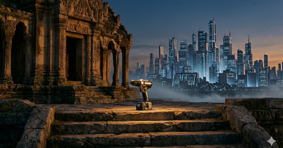 A cordless drill resting on the weathered stone steps of an ancient temple, with a glowing futuristic city skyline rising across the water at dusk.