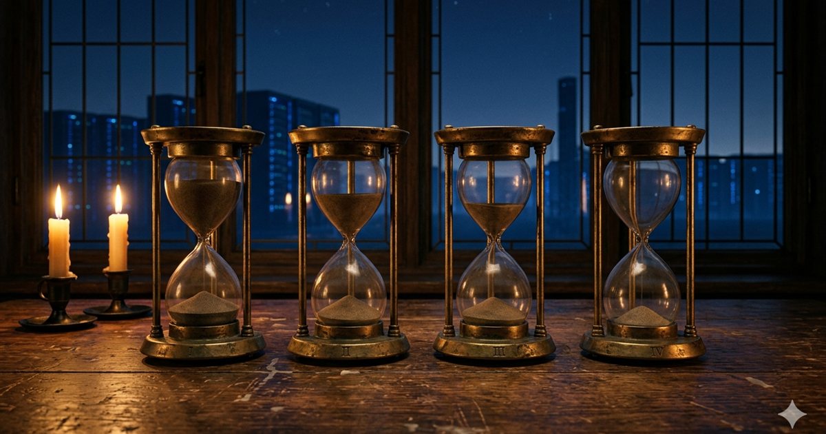 Four brass hourglasses in a row, numbered I through IV, on a wooden table beside two lit candles, with a night city skyline through the windows behind — one for each memento mori pause of the evening.