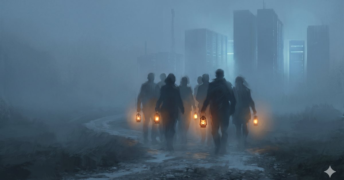 A small group of people walking together through fog, each carrying a glowing lantern, with the dim towers of a city skyline rising behind them.