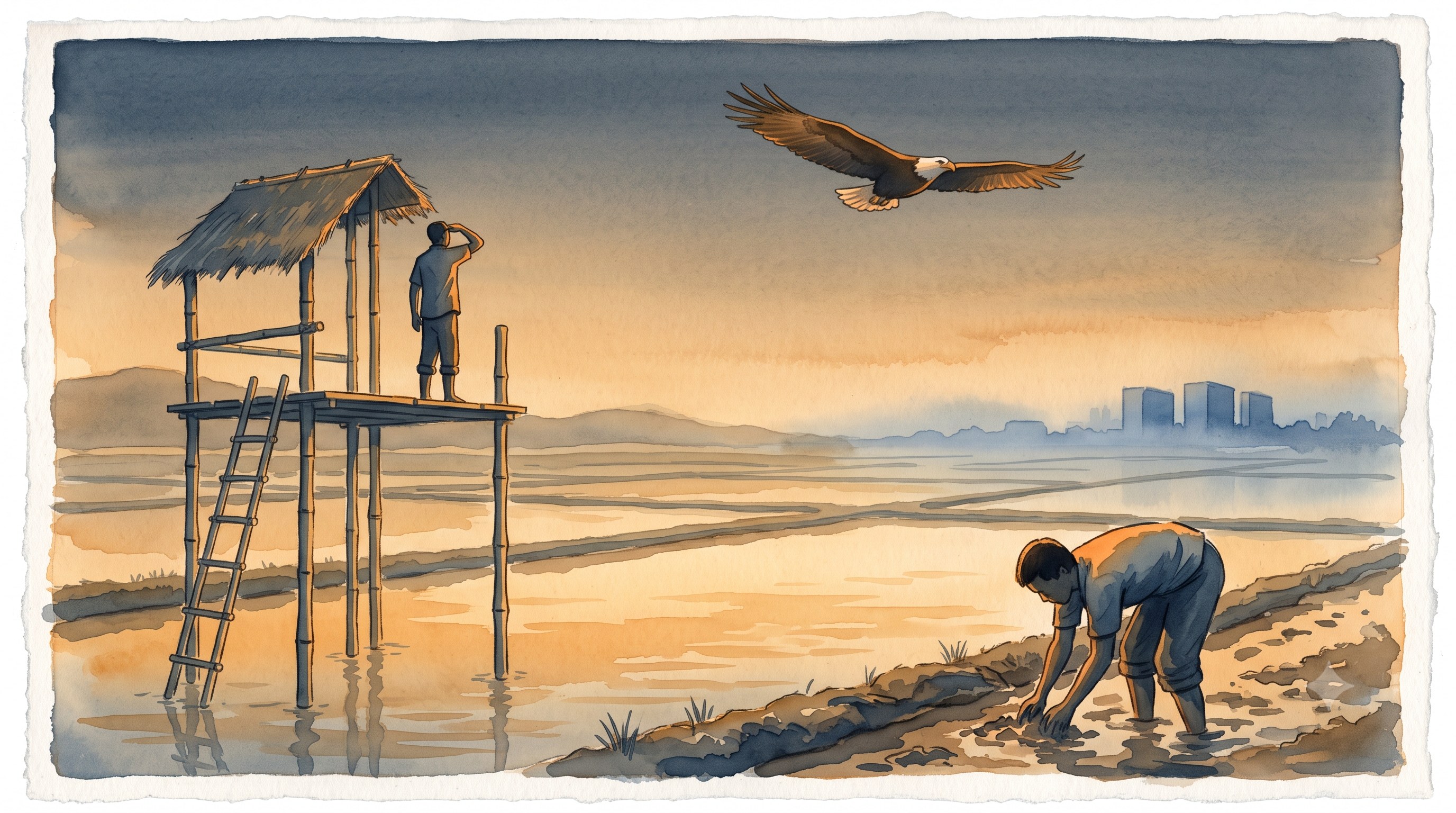 A watercolor illustration at dusk: on the left, a thatched-roof bamboo watching platform stands over a flooded rice field, with a figure atop it shading his eyes to survey the horizon; an eagle glides across the amber and navy sky above; in the foreground on the right, another figure kneels with his hands in the mud along the field's edge; a hazy city skyline recedes into the distance.