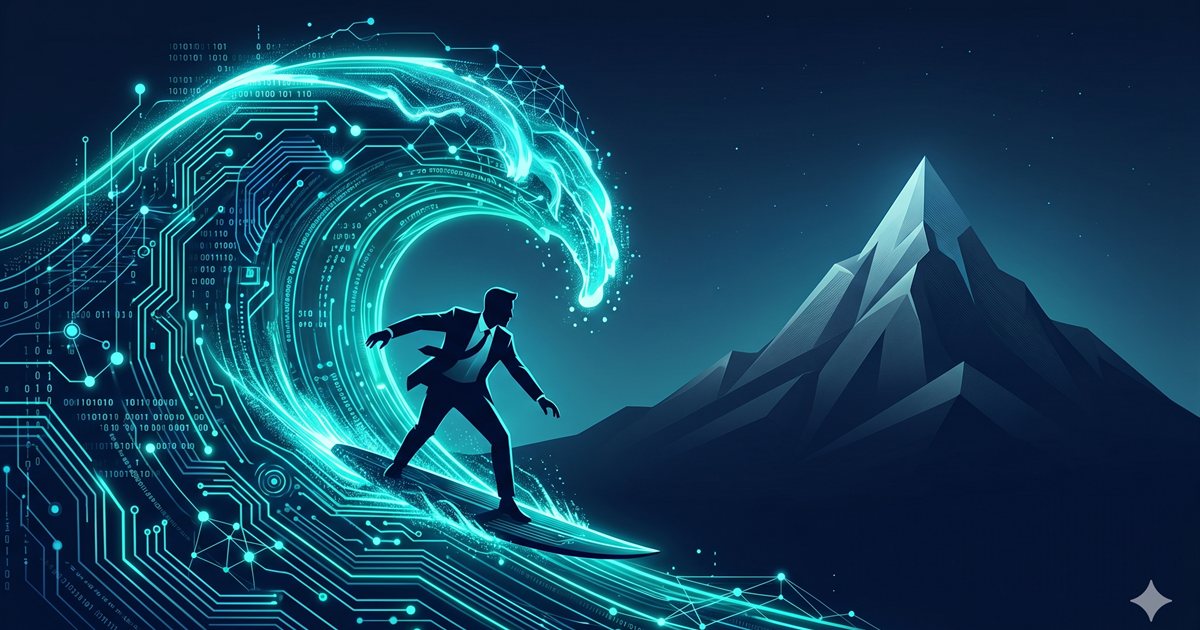 A figure in a business suit surfing a glowing wave made of circuitry and binary code, with a dark mountain peak rising in the distance.