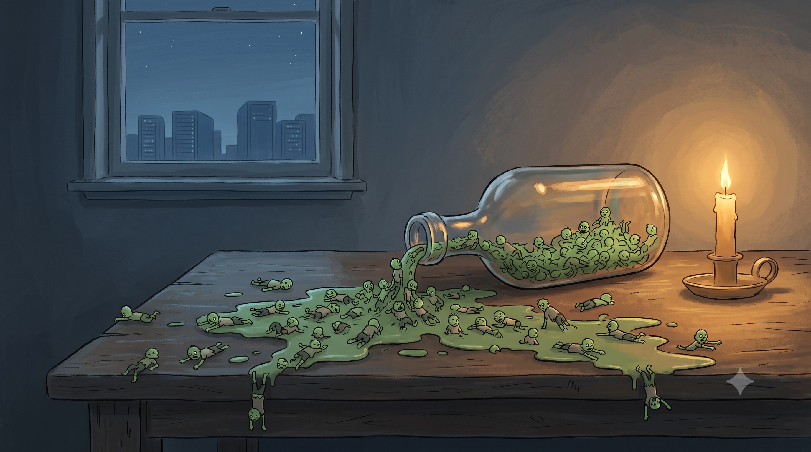 A wooden table at night with a warm candle in a brass holder on the right; in the center, a tipped-over glass bottle pours out a flood of green cartoon zombies and slime that spreads across the table and drips over its edge; through a window in the background, a dim city skyline at dusk under a starry sky.