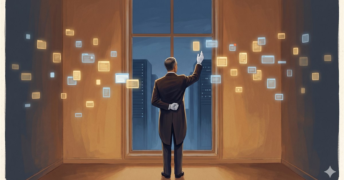 A suited butler in a warmly lit room, one white-gloved hand raised, closing glowing floating windows and folder icons that drift around him like open mental programs, a city skyline visible through the window behind.