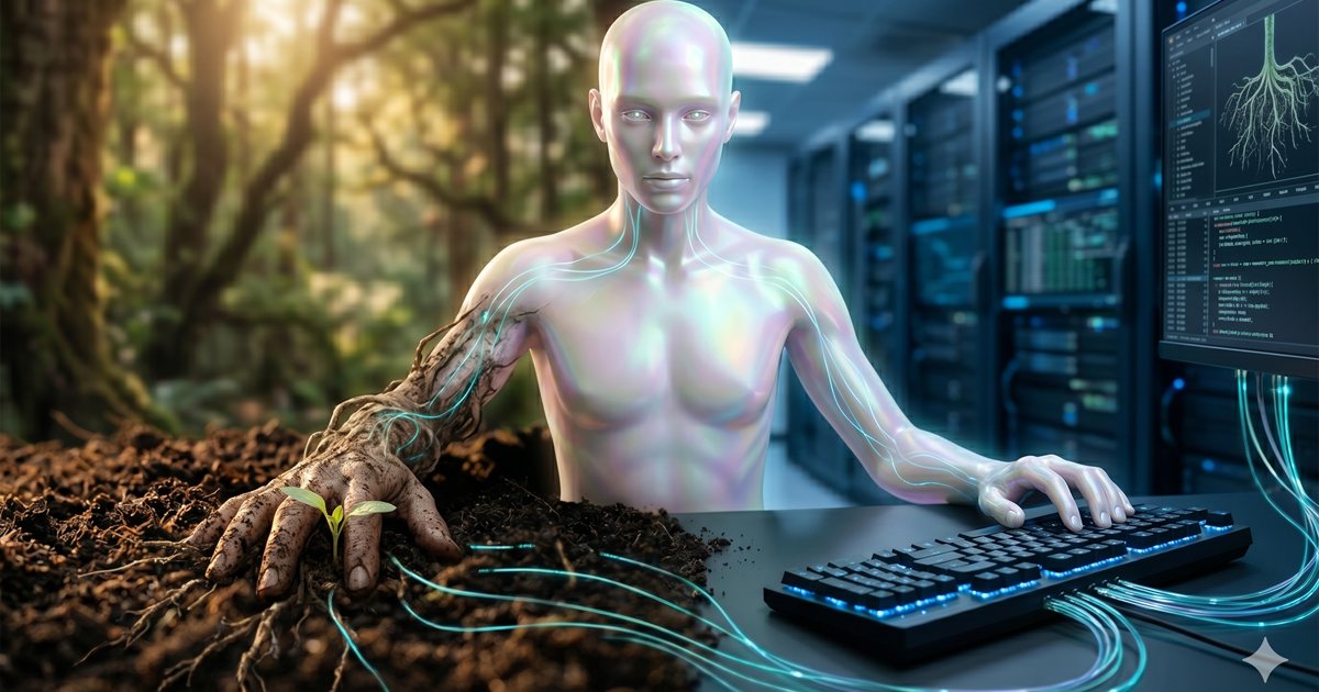 An iridescent humanoid figure with one hand turning to roots in forest soil where a seedling sprouts, and the other hand typing at a keyboard in a server room — half nature, half machine.